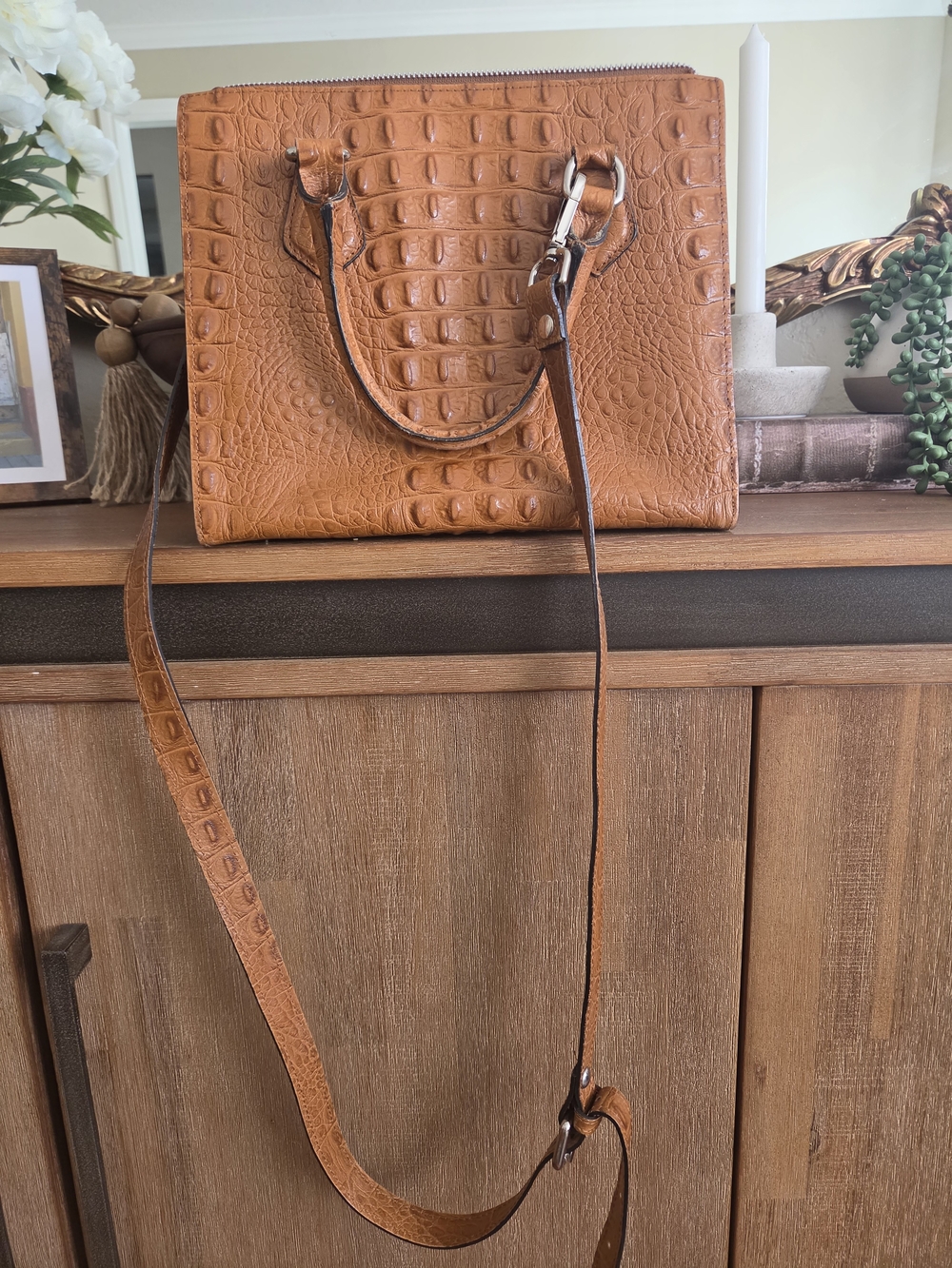 Claudia Firenze Cognac Croc-Embossed Leather Satchel Crossbody